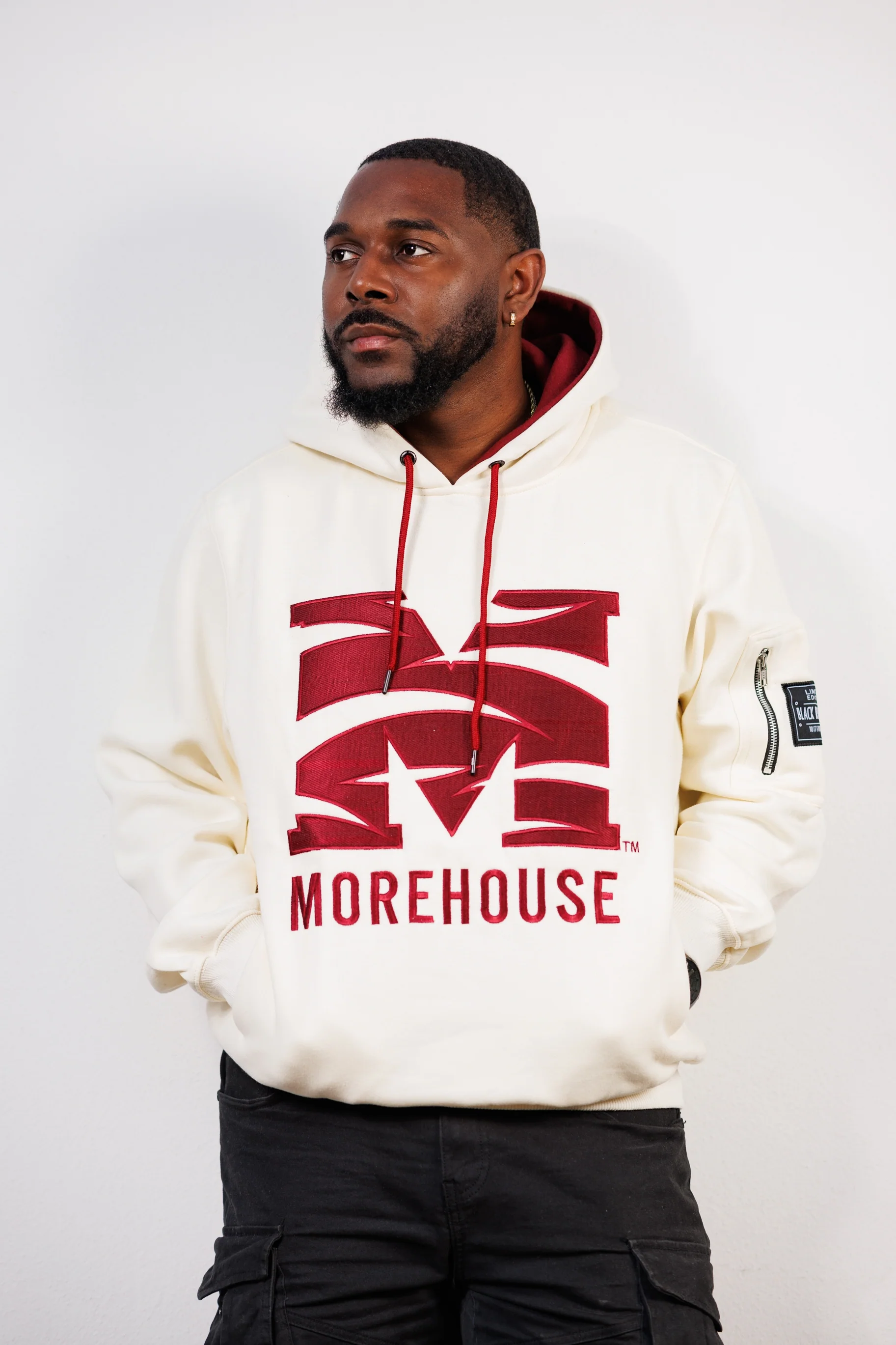Embroidered Morehouse Hoodie in Cream - Image 4