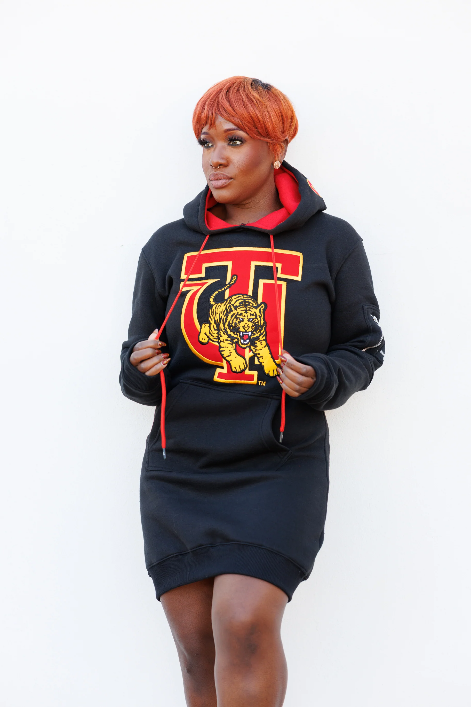 Embroidered Tuskegee Hoodie Dress in Black - Image 6