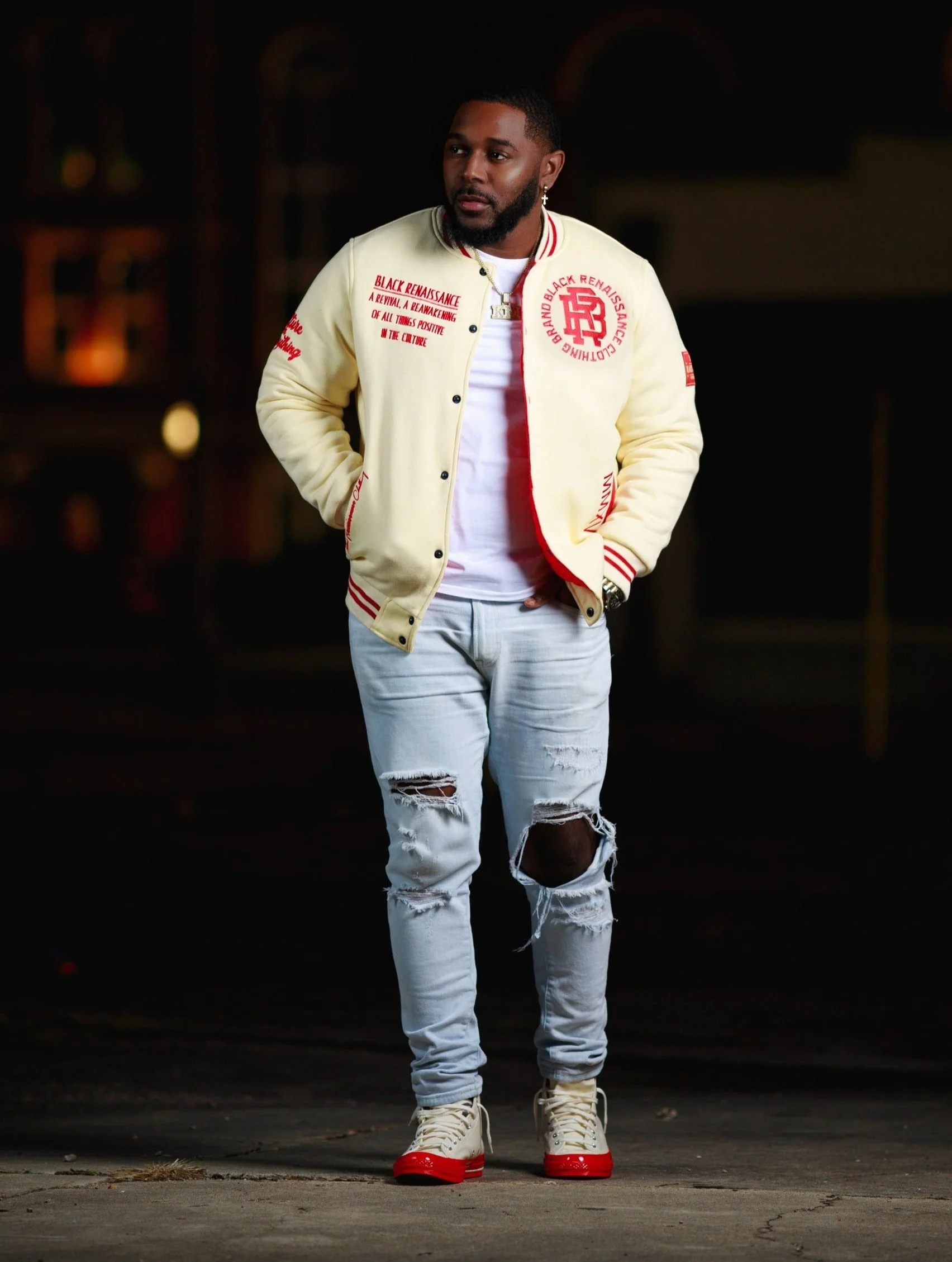 Fleece BR "LOGOS" Bomber in Cream & Red - Image 9